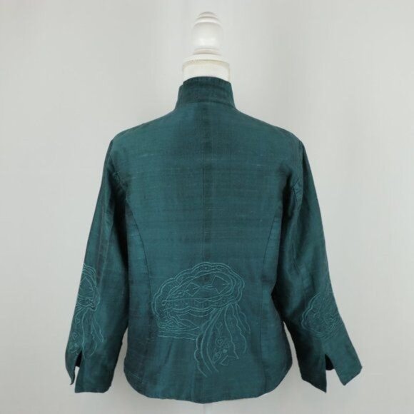 Anu Women's Large Blue Green Raw Silk Lined Embroidered Open Front Jacket - Picture 3 of 8